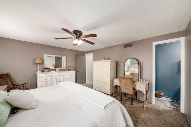 bedroom with light carpet, a ceiling fan, and visible vents