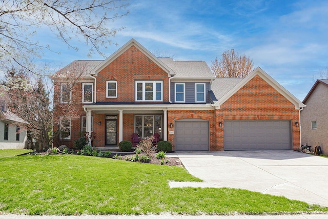 6707 Meadow Glen Dr S, Westerville, OH 43082 - view of front of house featuring a porch, concrete driveway, brick siding, an attached garage, and a front yard