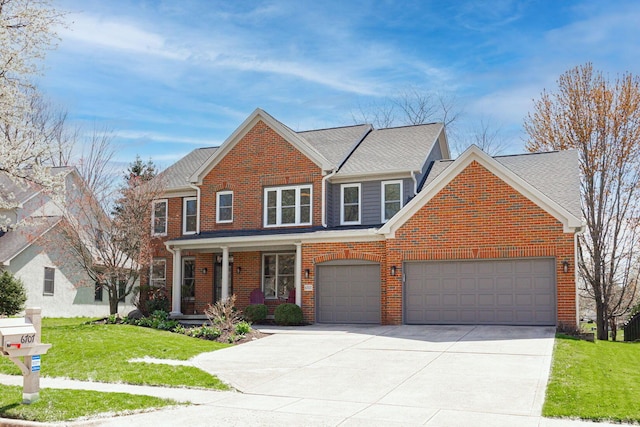 6707 Meadow Glen Dr S, Westerville, OH 43082 - traditional-style home featuring a front lawn, an attached garage, driveway, covered porch, and brick siding