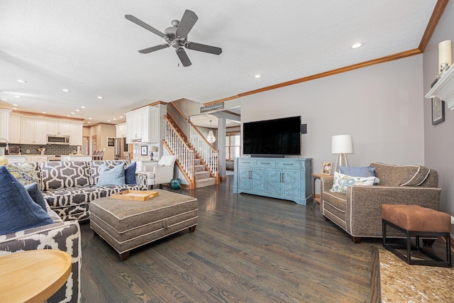 6707 Meadow Glen Dr S, Westerville, OH 43082 - living room featuring stairway, a ceiling fan, wood finished floors, ornamental molding, and recessed lighting