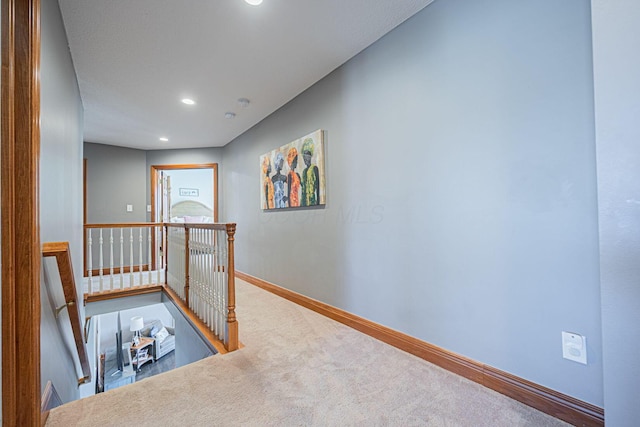 6707 Meadow Glen Dr S, Westerville, OH 43082 - corridor featuring baseboards, carpet flooring, an upstairs landing, and recessed lighting