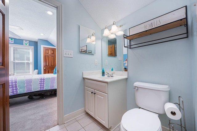 6707 Meadow Glen Dr S, Westerville, OH 43082 - bathroom with a textured ceiling, toilet, vaulted ceiling, ensuite bathroom, and tile patterned flooring
