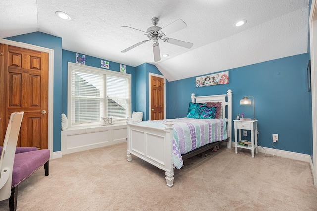 6707 Meadow Glen Dr S, Westerville, OH 43082 - bedroom featuring vaulted ceiling, a textured ceiling, light colored carpet, and a ceiling fan