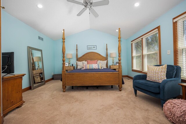 6707 Meadow Glen Dr S, Westerville, OH 43082 - bedroom with baseboards, visible vents, lofted ceiling, a ceiling fan, and carpet floors