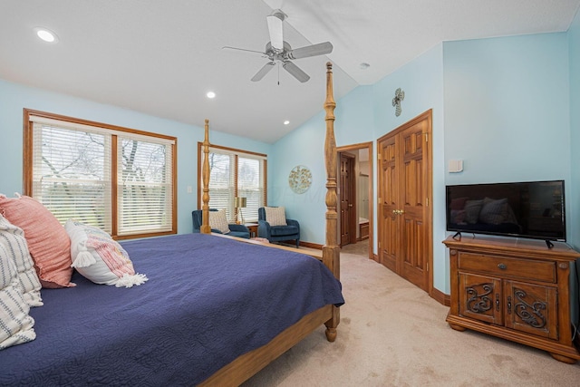 6707 Meadow Glen Dr S, Westerville, OH 43082 - bedroom with light carpet, baseboards, recessed lighting, lofted ceiling, and ceiling fan