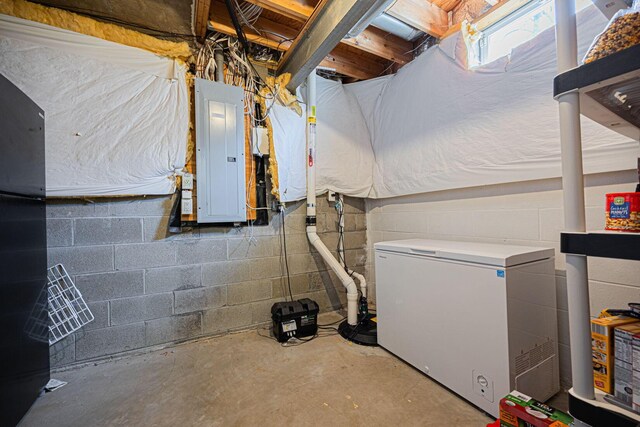 6707 Meadow Glen Dr S, Westerville, OH 43082 - unfinished below grade area featuring electric panel, white fridge, and concrete block wall