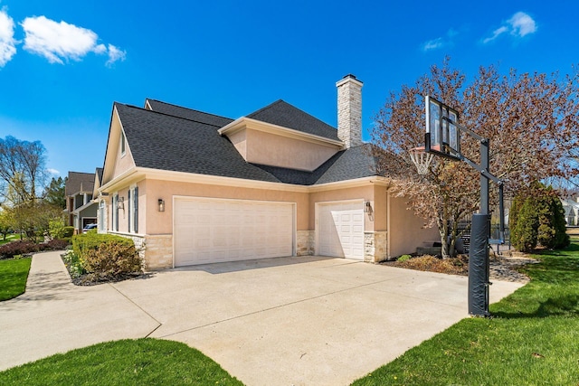 478 Riverbend Ave, Powell, OH 43065 - view of property exterior with stucco siding, an attached garage, a chimney, and concrete driveway