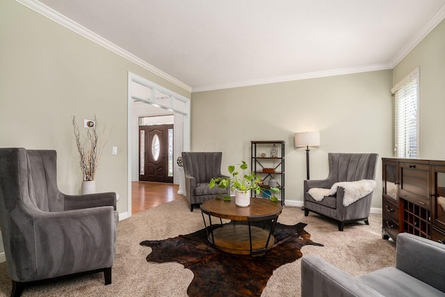 478 Riverbend Ave, Powell, OH 43065 - carpeted living area featuring baseboards, ornamental molding, and plenty of natural light