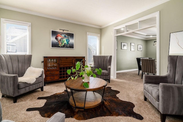 478 Riverbend Ave, Powell, OH 43065 - living room featuring light carpet, baseboards, and ornamental molding