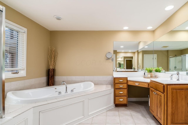478 Riverbend Ave, Powell, OH 43065 - full bath featuring recessed lighting, a shower stall, tile patterned flooring, vanity, and a garden tub