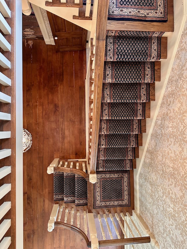 115 E Wheeling St, Lancaster, OH 43130 - stairway with wood walls, beamed ceiling, and wood ceiling