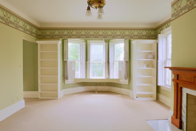 115 E Wheeling St, Lancaster, OH 43130 - unfurnished living room featuring wallpapered walls, carpet floors, crown molding, a fireplace with flush hearth, and baseboards