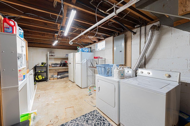 washroom featuring washer and clothes dryer, laundry area, and electric panel