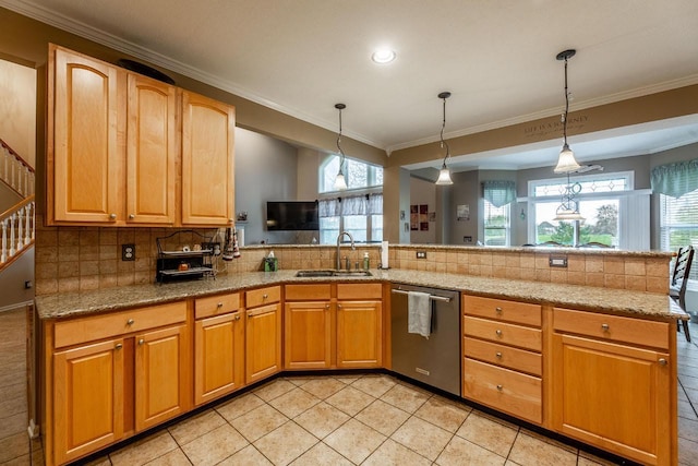 8181 Trail Lake Dr, Powell, OH 43065 - kitchen featuring stainless steel dishwasher, tasteful backsplash, a sink, a peninsula, and ornamental molding