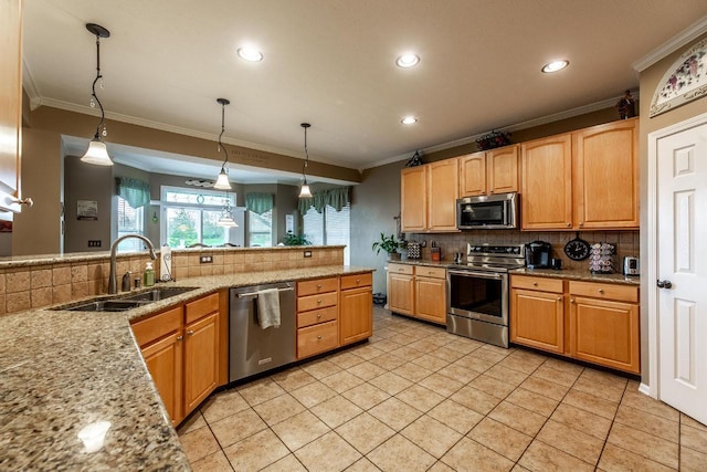 8181 Trail Lake Dr, Powell, OH 43065 - kitchen with a sink, tasteful backsplash, appliances with stainless steel finishes, and crown molding