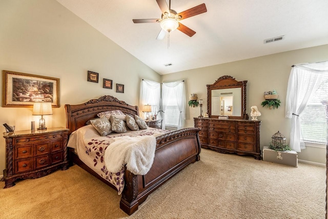 8181 Trail Lake Dr, Powell, OH 43065 - bedroom with visible vents, carpet floors, ceiling fan, and high vaulted ceiling