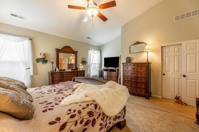 8181 Trail Lake Dr, Powell, OH 43065 - bedroom with vaulted ceiling, visible vents, ceiling fan, and carpet