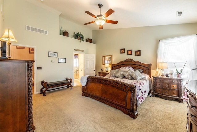 8181 Trail Lake Dr, Powell, OH 43065 - bedroom with light carpet, a ceiling fan, visible vents, and high vaulted ceiling