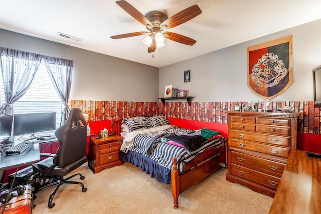 8181 Trail Lake Dr, Powell, OH 43065 - bedroom featuring light carpet, a ceiling fan, and visible vents