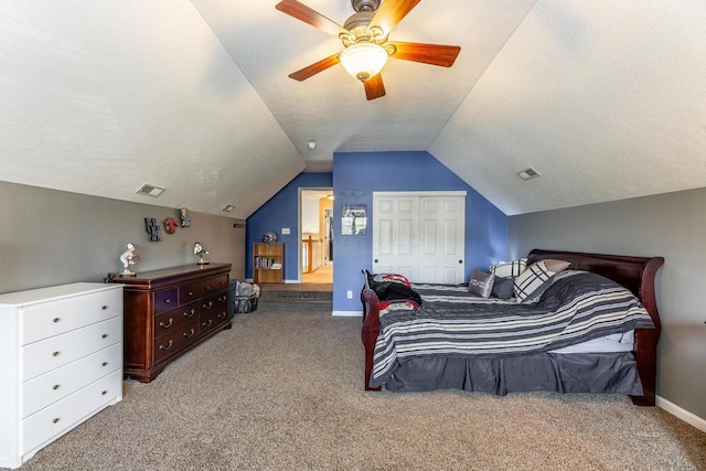 8181 Trail Lake Dr, Powell, OH 43065 - carpeted bedroom featuring vaulted ceiling, a ceiling fan, visible vents, and baseboards