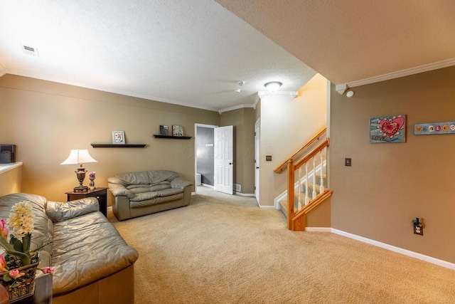 8181 Trail Lake Dr, Powell, OH 43065 - living area featuring baseboards, visible vents, stairway, crown molding, and carpet floors