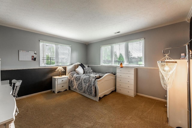 8181 Trail Lake Dr, Powell, OH 43065 - bedroom with light carpet, ornamental molding, a textured ceiling, and visible vents