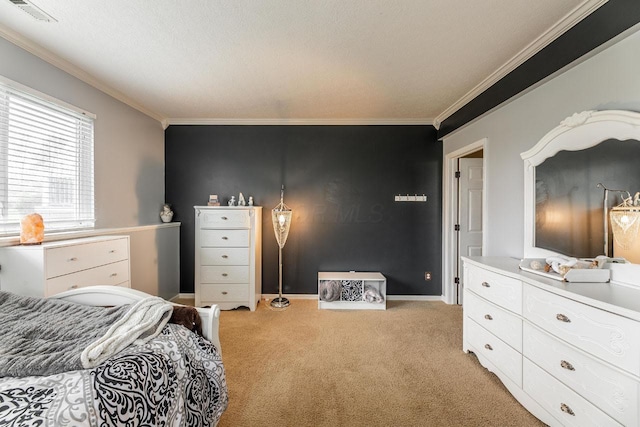 8181 Trail Lake Dr, Powell, OH 43065 - bedroom with baseboards, visible vents, crown molding, and light colored carpet