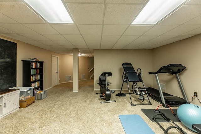 8181 Trail Lake Dr, Powell, OH 43065 - exercise room featuring carpet floors, visible vents, and a paneled ceiling