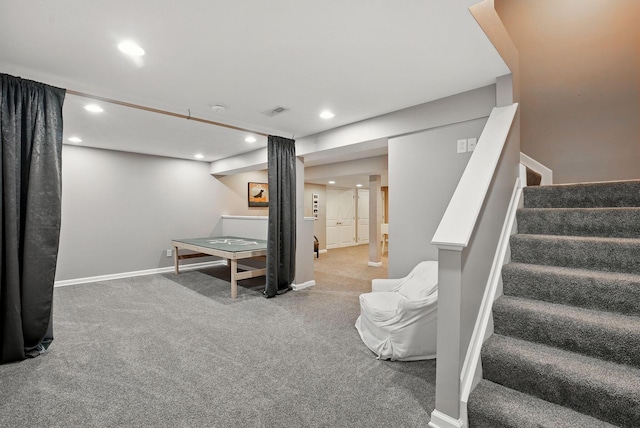 interior space with recessed lighting, stairway, visible vents, and carpet flooring