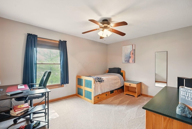 bedroom with ceiling fan, light carpet, and baseboards