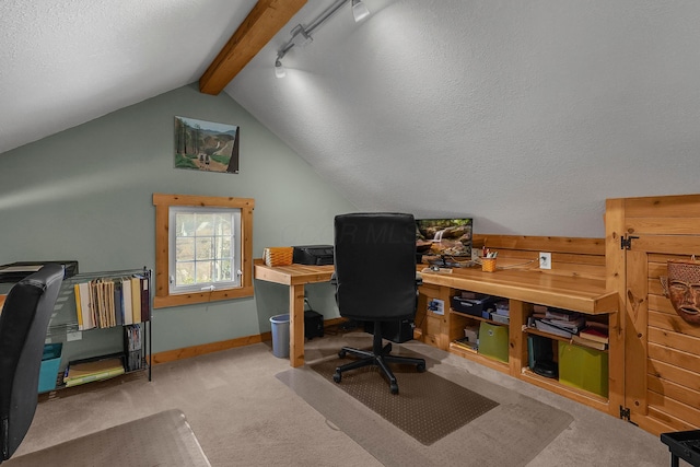 117 Fairfield Ave, Newark, OH 43055 - carpeted office space with a textured ceiling, baseboards, and lofted ceiling with beams