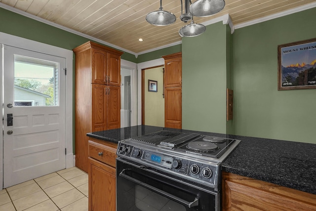 117 Fairfield Ave, Newark, OH 43055 - kitchen featuring brown cabinets, electric range oven, ornamental molding, and light tile patterned flooring