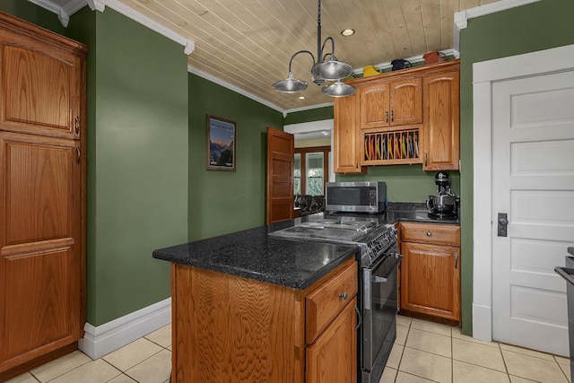 117 Fairfield Ave, Newark, OH 43055 - kitchen with stainless steel microwave, black electric range oven, crown molding, and light tile patterned floors