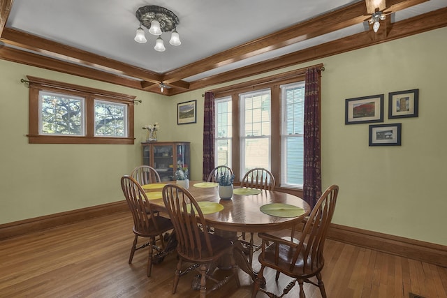 117 Fairfield Ave, Newark, OH 43055 - dining area with ceiling fan, baseboards, beam ceiling, and light wood-style flooring