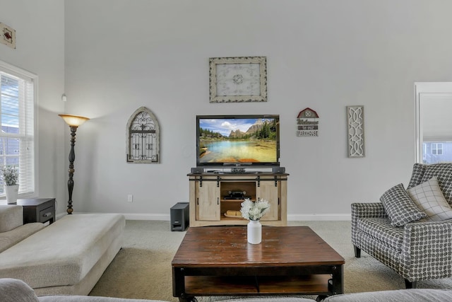 114 Hummock Dr, Etna, OH 43062 - carpeted living room featuring baseboards and a high ceiling