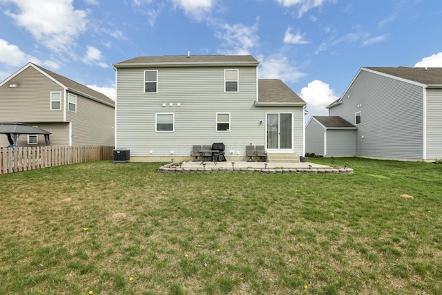 114 Hummock Dr, Etna, OH 43062 - back of house featuring central AC unit, fence, a yard, a patio, and entry steps