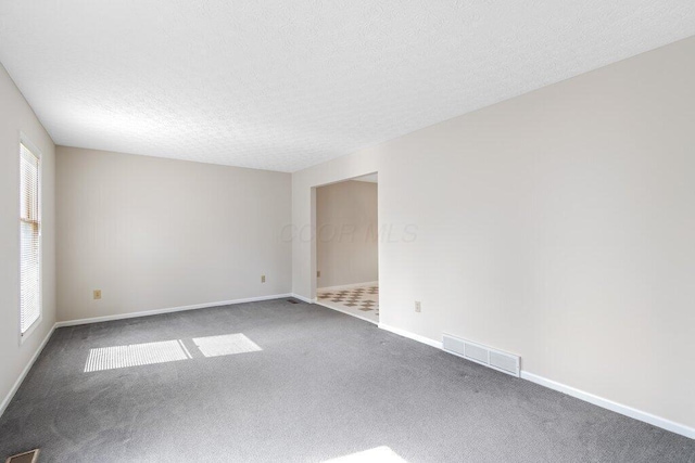spare room with carpet floors, baseboards, and a textured ceiling
