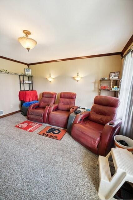 living room with baseboards, visible vents, ornamental molding, and carpet flooring