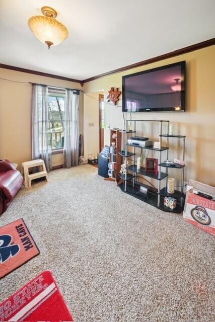 carpeted living area featuring ornamental molding