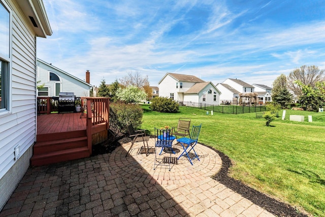 view of patio with grilling area, fence, a residential view, and a deck