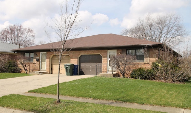 single story home with an attached garage, brick siding, a front lawn, and driveway