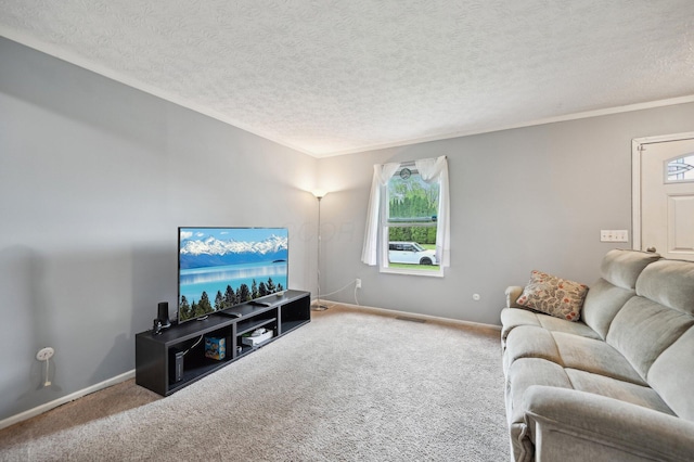 carpeted living room with crown molding, baseboards, a textured ceiling, and visible vents