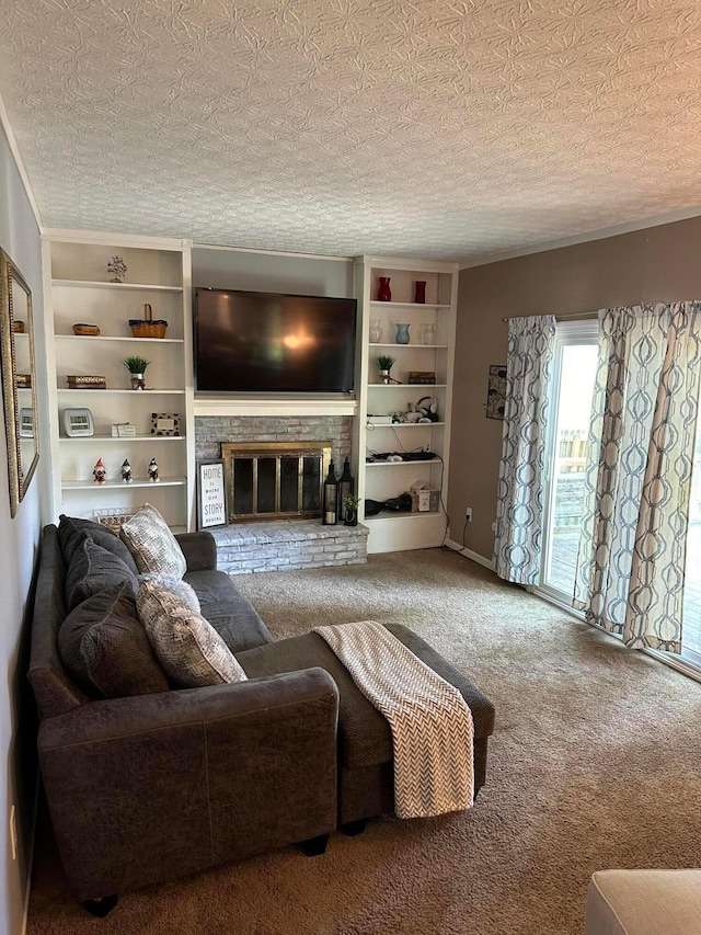 604 Forestwood Dr, Gahanna, OH 43230 - carpeted living room featuring a textured ceiling, a brick fireplace, and built in features