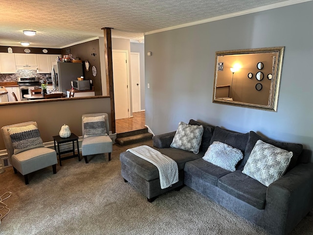 604 Forestwood Dr, Gahanna, OH 43230 - carpeted living room featuring ornamental molding and a textured ceiling