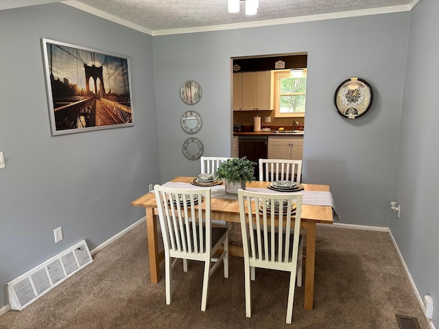 604 Forestwood Dr, Gahanna, OH 43230 - dining space with carpet floors, ornamental molding, and a textured ceiling