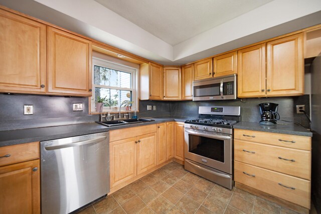 49 Front St, Orient, OH 43146 - kitchen with a sink, backsplash, dark countertops, and stainless steel appliances