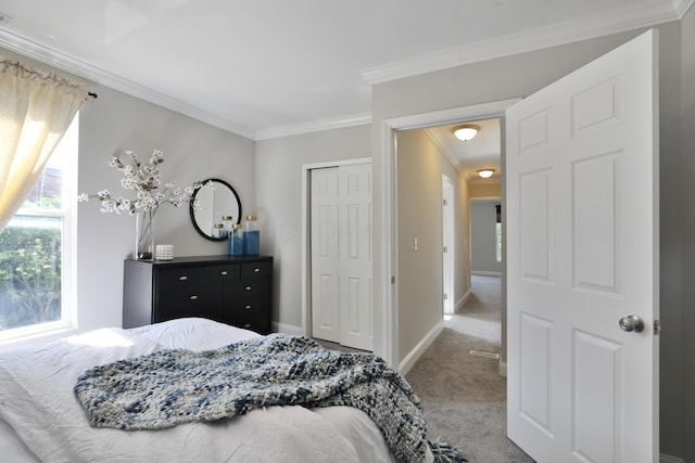 carpeted bedroom featuring ornamental molding, baseboards, and a closet