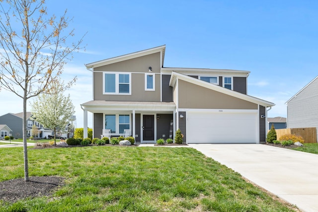 mid-century modern home with a front lawn, driveway, fence, and covered porch