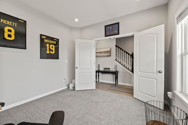 interior space featuring stairway, baseboards, recessed lighting, and carpet