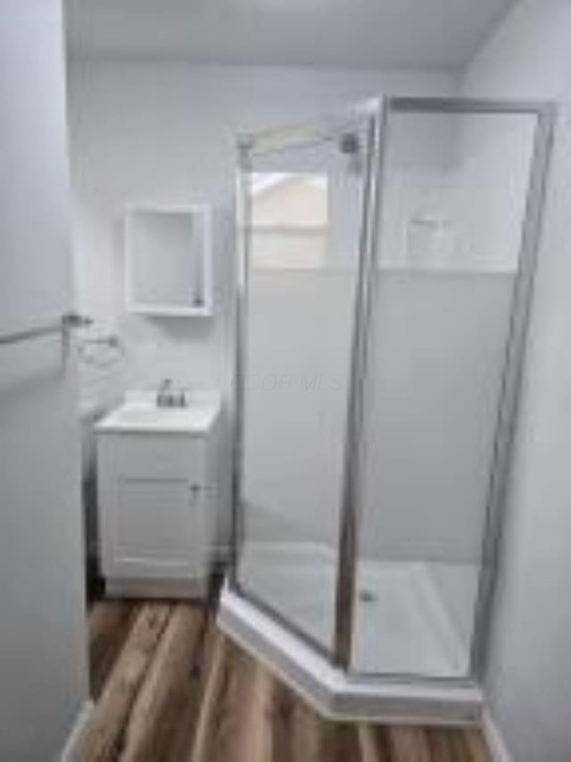 404 Sherman Ave, Springfield, OH 45503 - bathroom featuring a stall shower, vanity, and wood finished floors